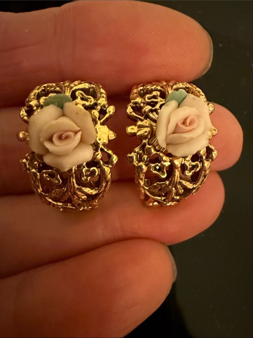 1928 Gold Filigree Rose Clip-On Earrings with Pink Porcelain Flowers